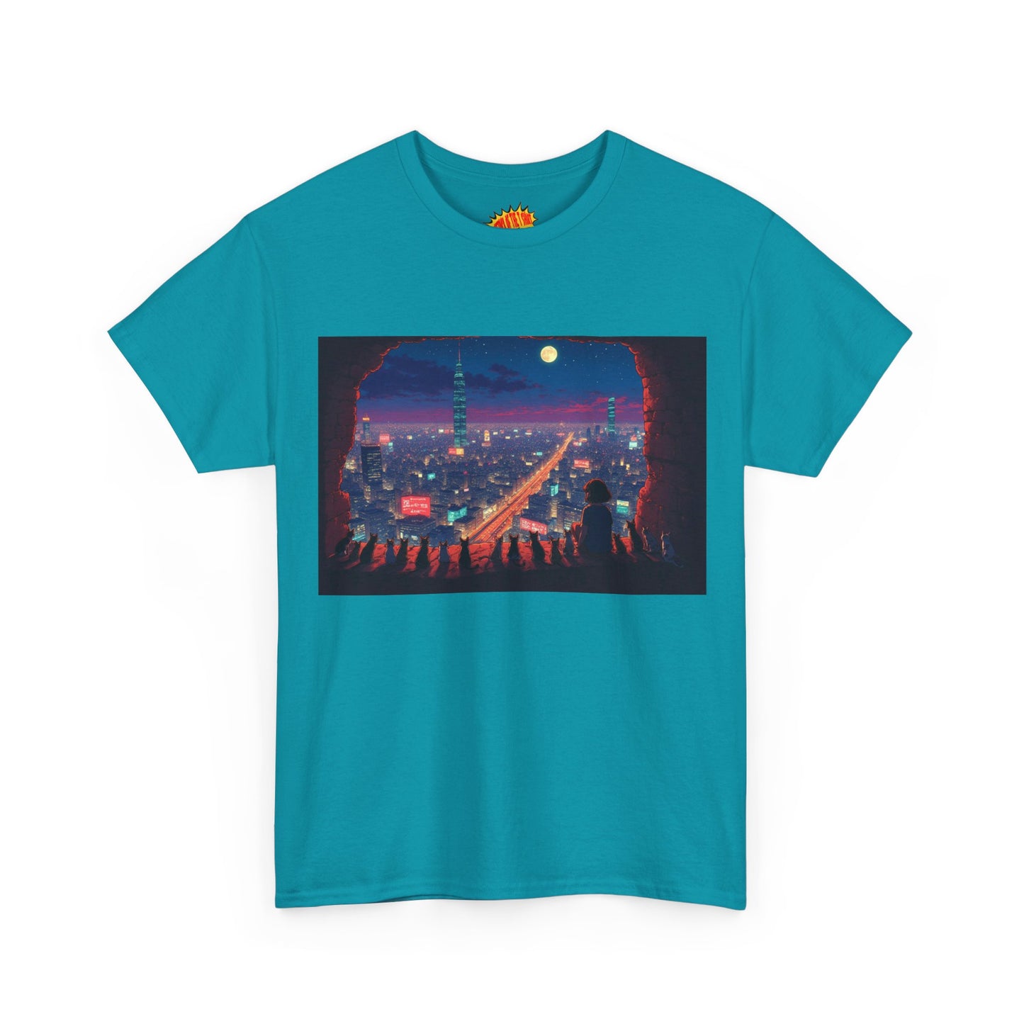 Anime Neon Cityscape Scene w/Cats T-Shirt *Multiple Colors*