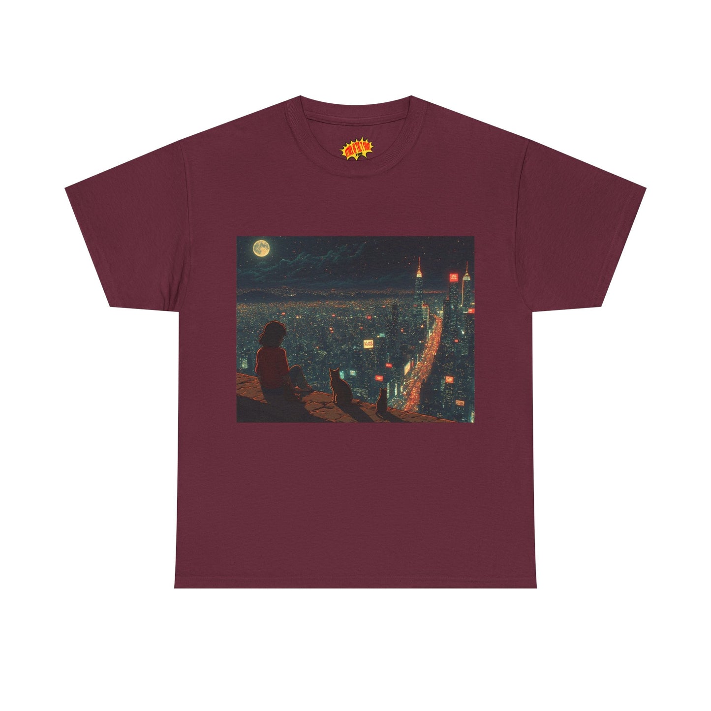 Anime Nighttime Cityscape w/Cats T-Shirt *Multiple Colors*
