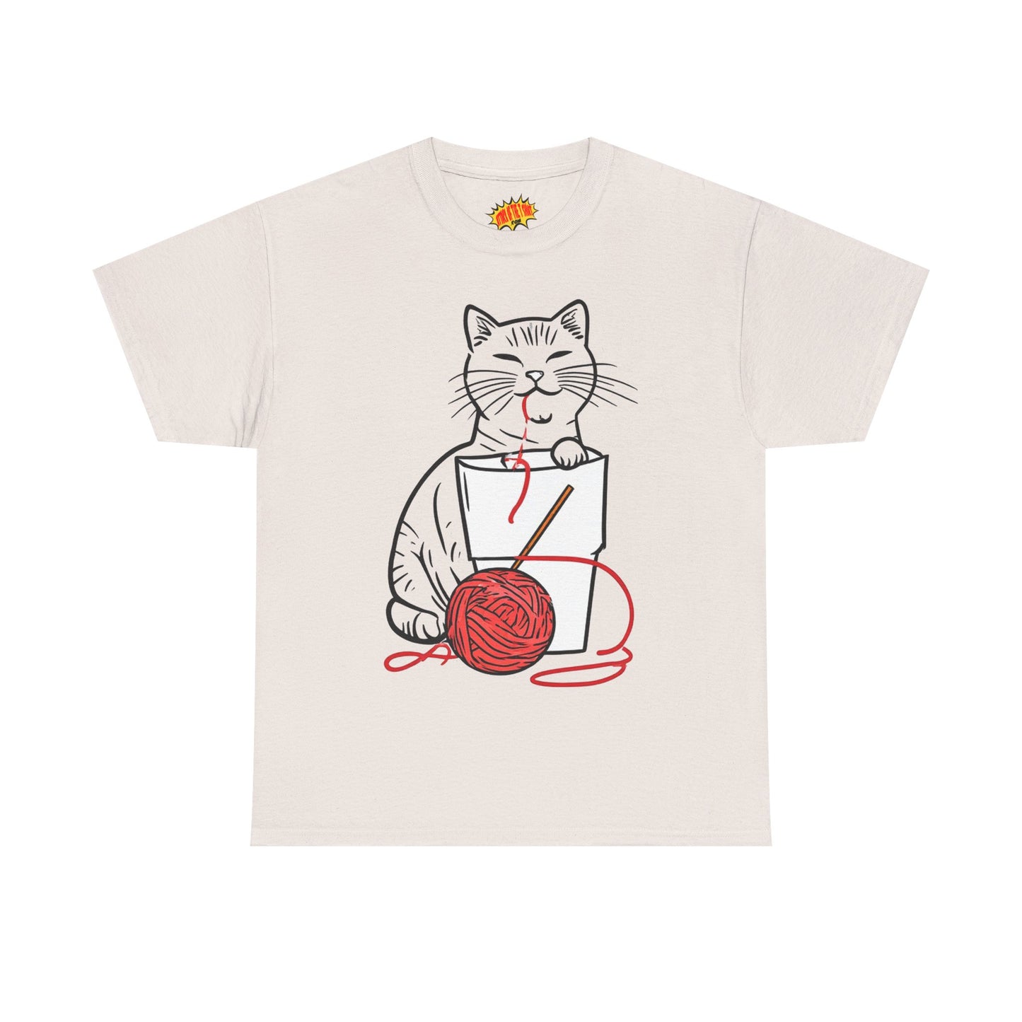 Cat w/Noodle Cup + Yarn Ball Art Drawing Tee Shirt *Multiple Colors*