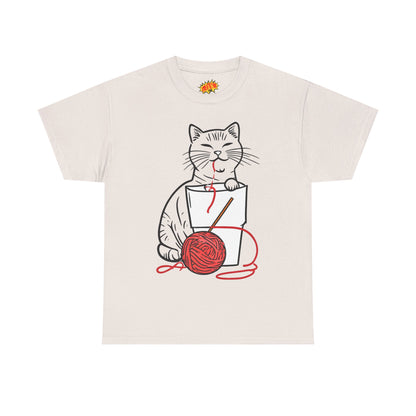 Cat w/Noodle Cup + Yarn Ball Art Drawing Tee Shirt