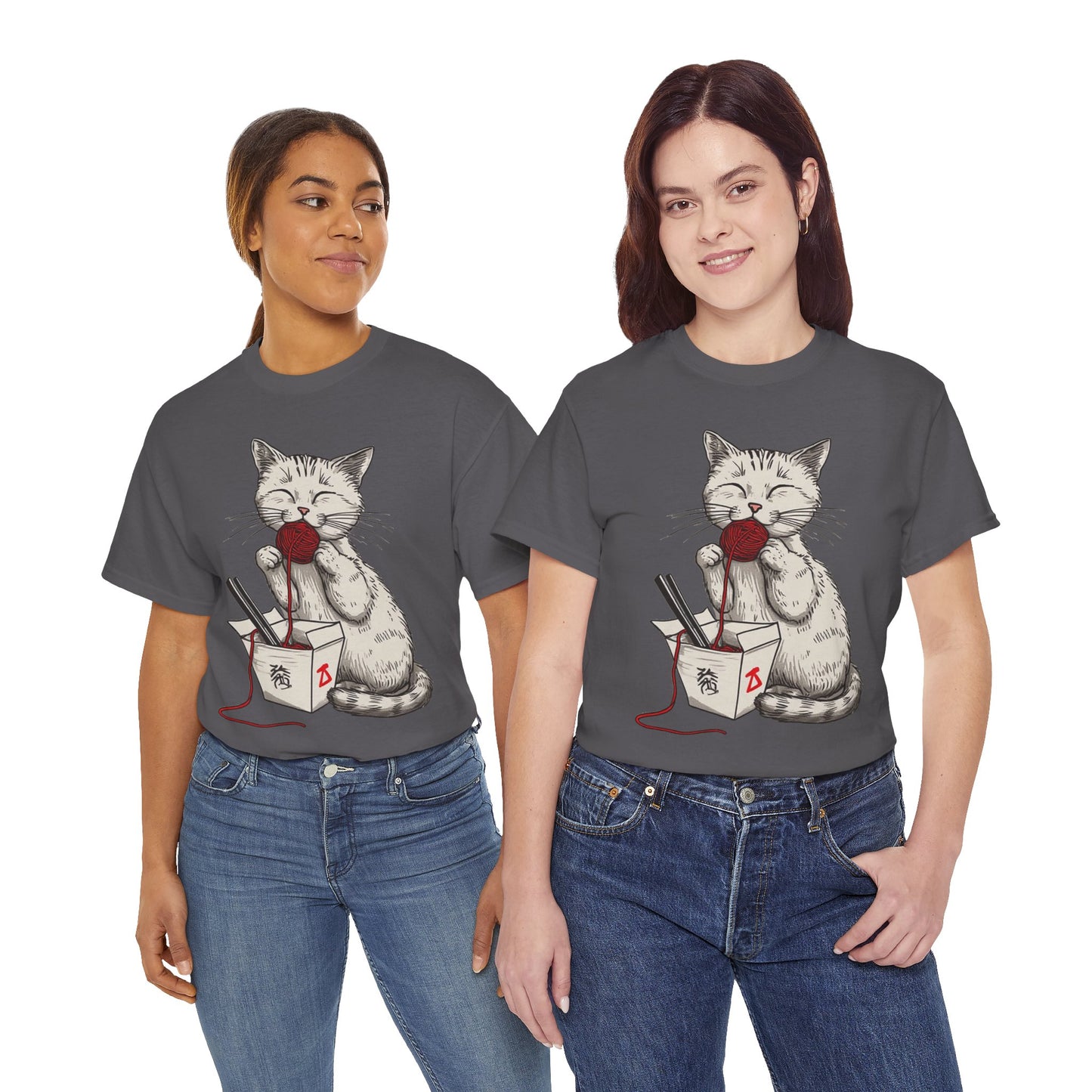 Cat w/Takeout Yarn Noodles Art Tee Shirt *Multiple Colors*
