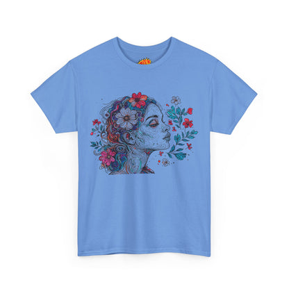 Multicolor Line Drawing Human Graphic Flower Art Tee Shirt