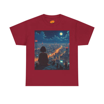 Neon City Anime Night Scene w/Girl & Cats T-Shirt
