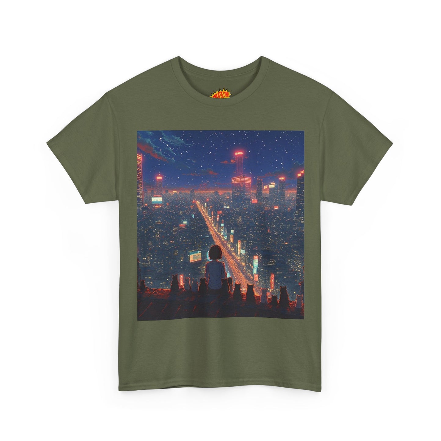 Nighttime Neon Anime City Scene w/Girl & Cats T-Shirt *Multiple Colors*