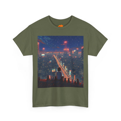 Nighttime Neon Anime City Scene w/Girl & Cats T-Shirt