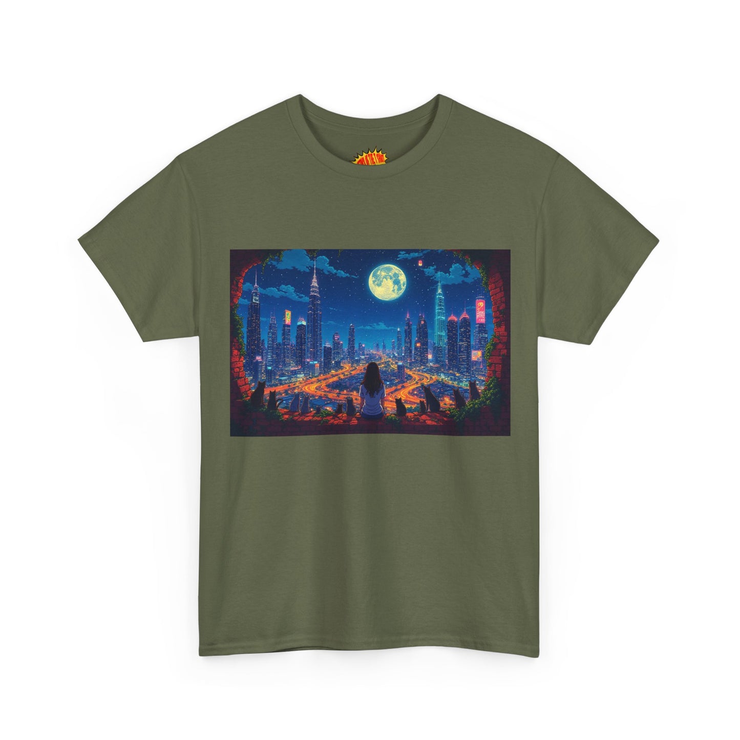 Anime City Night Scene w/Girl & Cats T-Shirt *Multiple Colors*