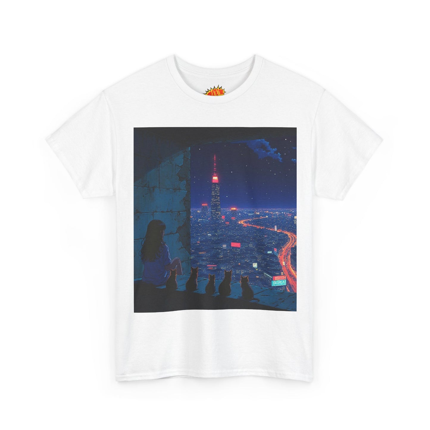 Anime Cityscape Night Scene w/Girl & Cats T-Shirt *Multiple Colors*