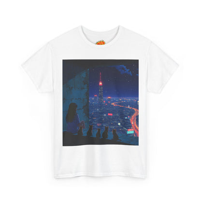 Anime Cityscape Night Scene w/Girl & Cats T-Shirt