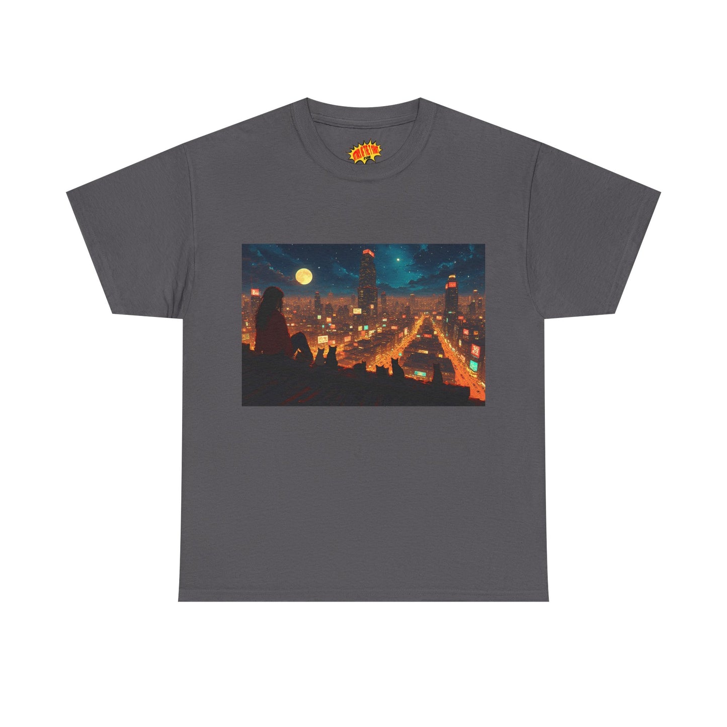 Anime Style Neon City Scene w/Girl & Cats T-Shirt *Multiple Colors*