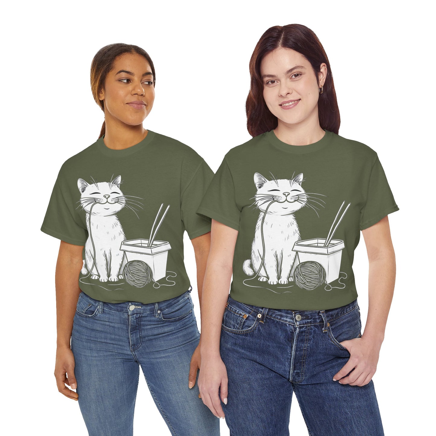 Happy Cat w/Noodles + Yarn Ball Art Drawing Tee Shirt *Multiple Colors*