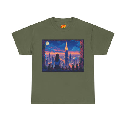 Anime Neon City Full Moon Scene w/Girl & Cats T-Shirt