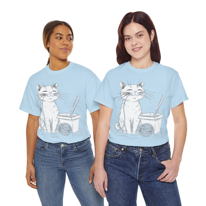 Happy Cat w/Noodles + Yarn Ball Art Drawing Tee Shirt