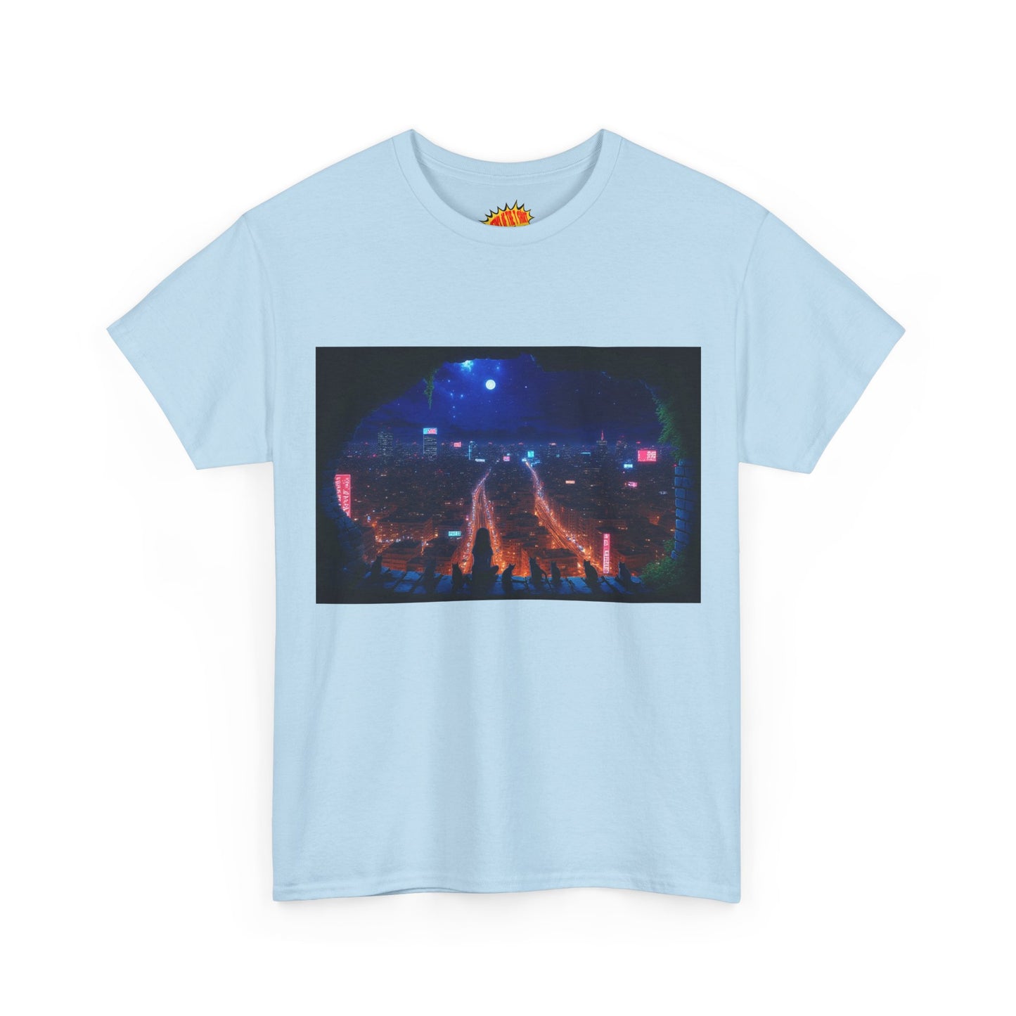Anime Cityscape Double Moon Scene w/Girl & Cats T-Shirt *Multiple Colors*