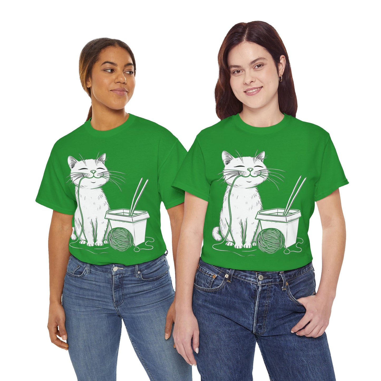 Happy Cat w/Noodles + Yarn Ball Art Drawing Tee Shirt *Multiple Colors*
