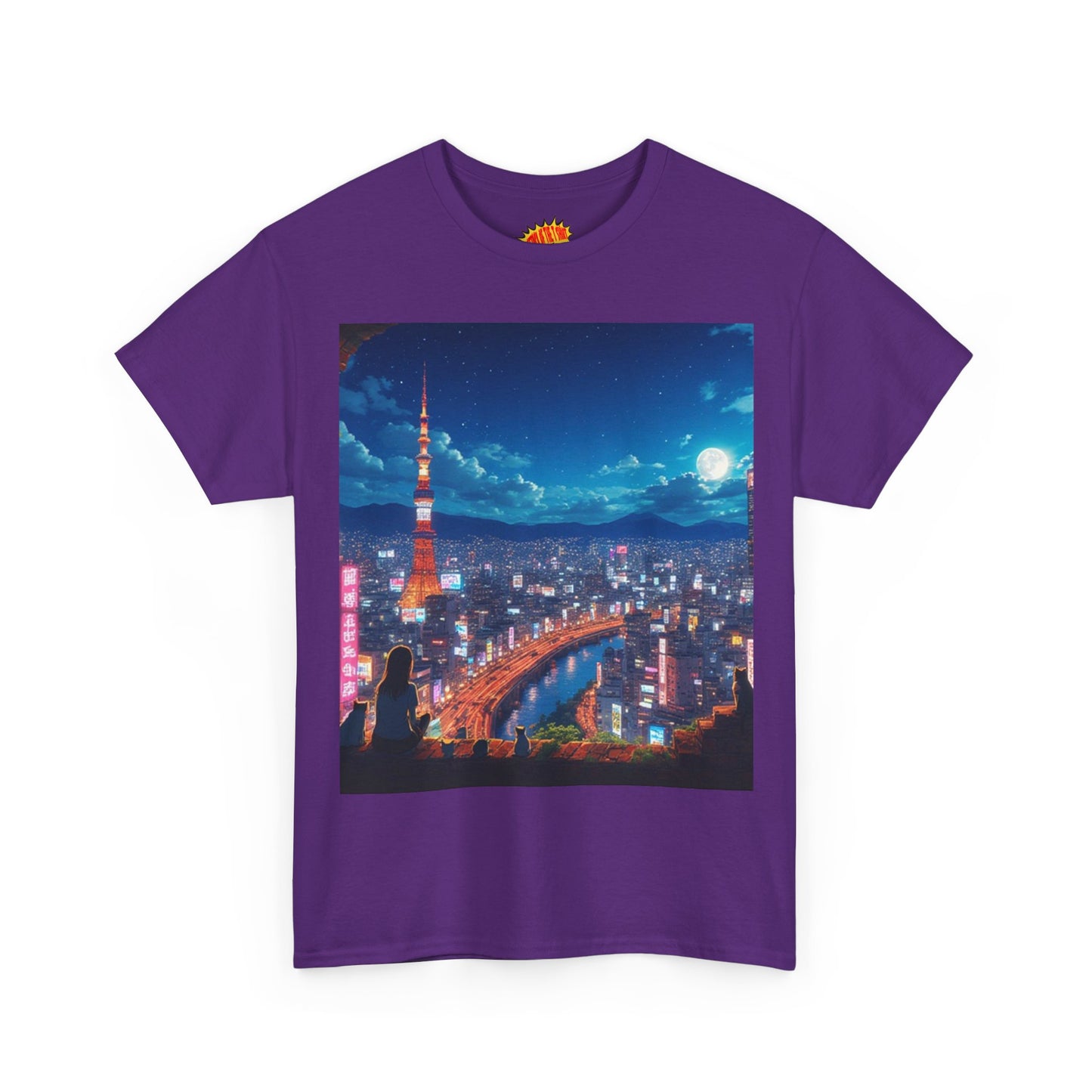 Neon Cityscape Nighttime Anime Scene w/Girl & Cats T-Shirt *Multiple Colors*