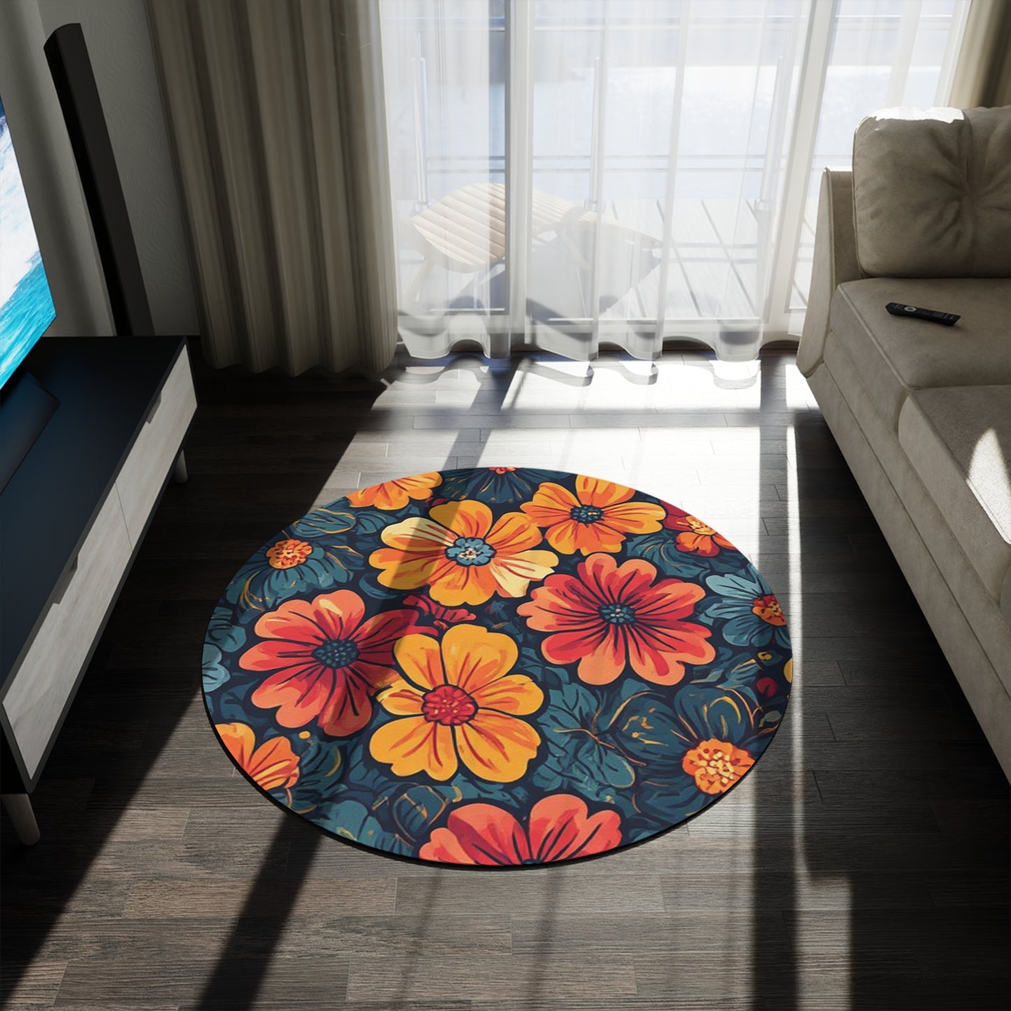 Retro Flower Pattern 60's/70's Style Area Rug - 60in Diameter Round Rug 6