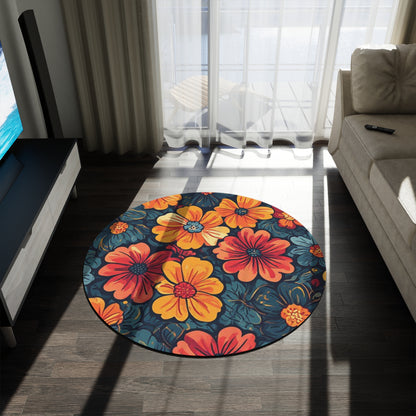 Retro Flower Pattern 60's/70's Style Area Rug - 60in Diameter Round Rug 6