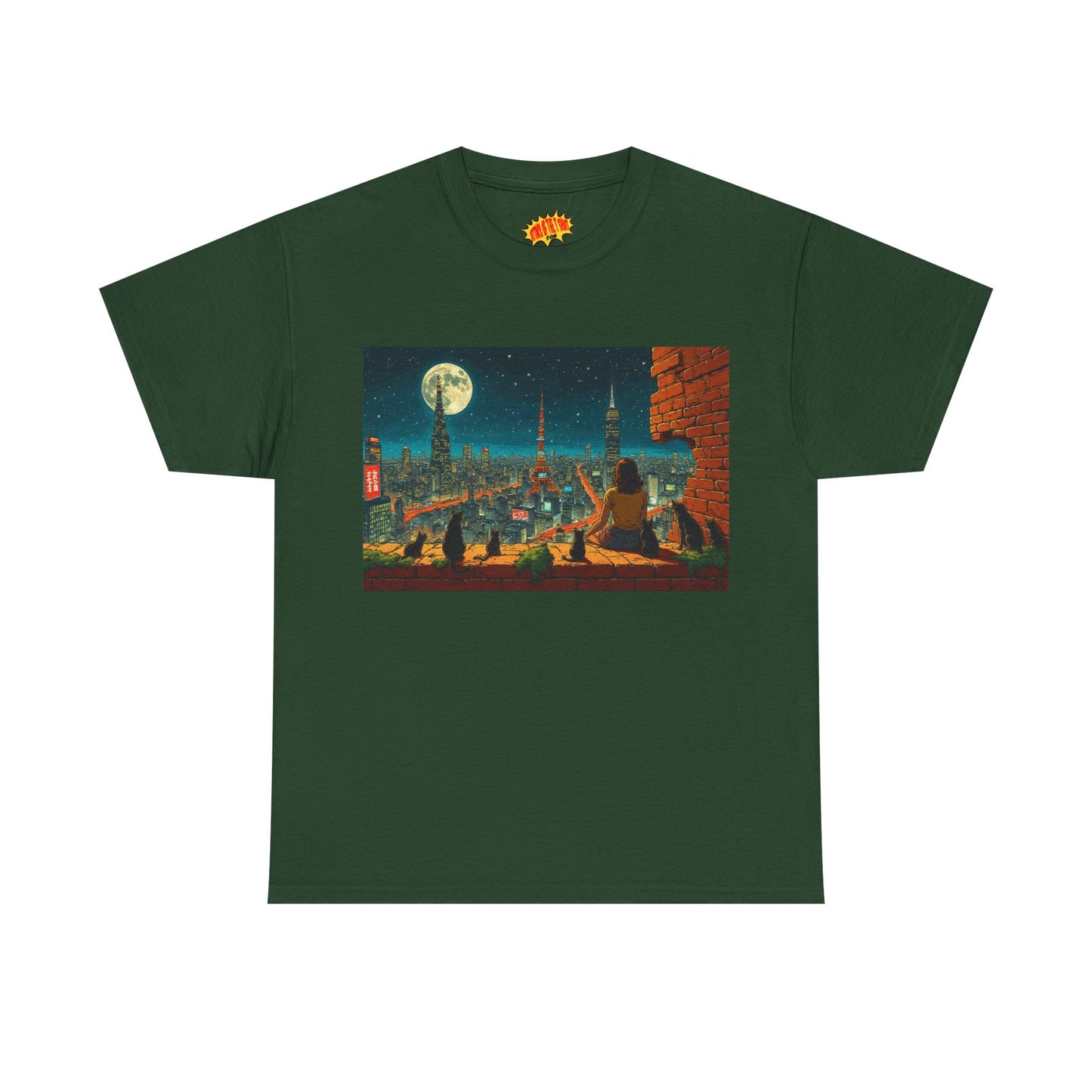 Anime Cityscape Full Moon Scene w/Girl & Cats T-Shirt *Multiple Colors*