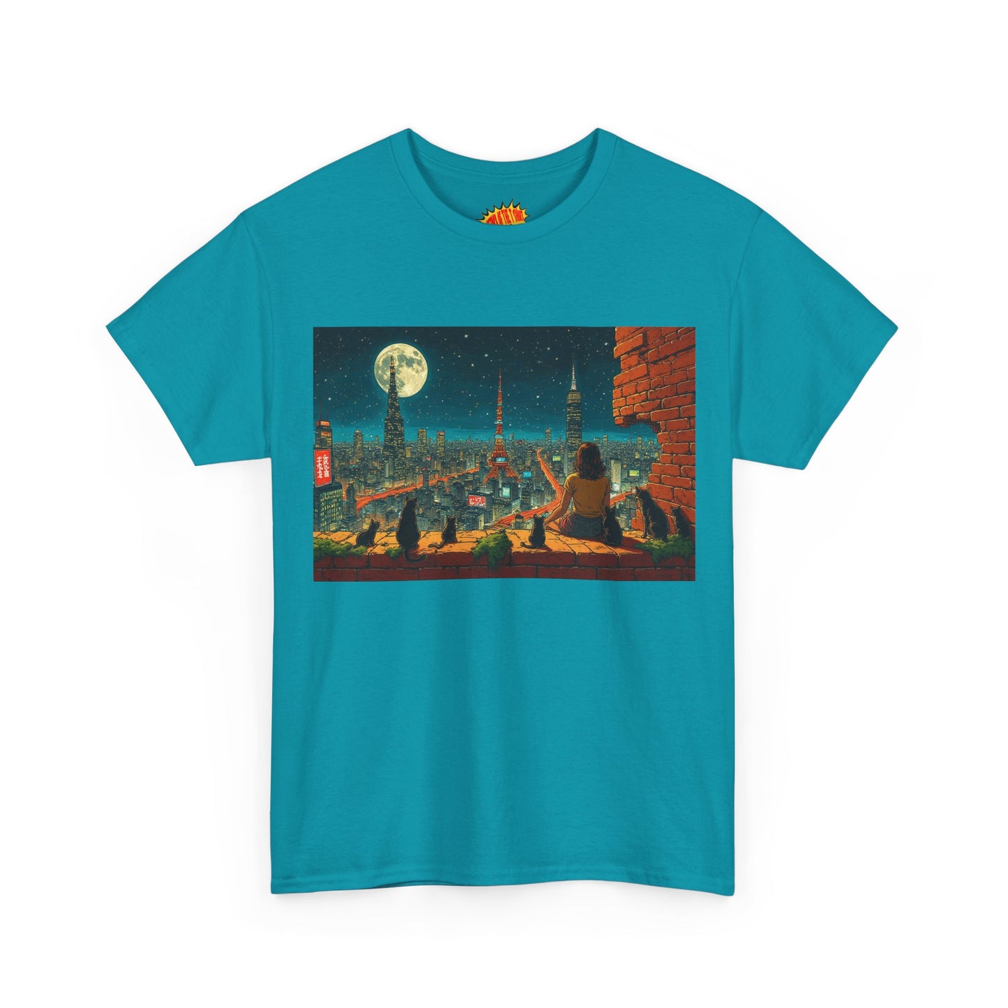 Anime Cityscape Full Moon Scene w/Girl & Cats T-Shirt *Multiple Colors*