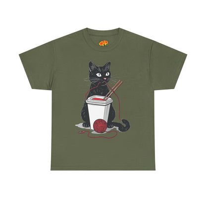 Black Cat w/Noodles + Yarn Ball Art Drawing Tee Shirt