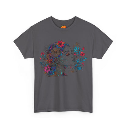 Multicolor Line Drawing Human Graphic Flower Art Tee Shirt