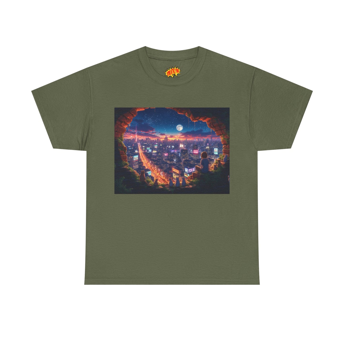Anime Neon City Nighttime Scene w/Girl & Cats T-Shirt *Multiple Colors*