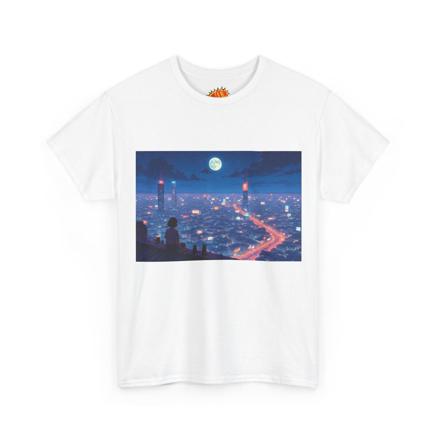 Anime Neon City Full Moon Scene w/Girl & Cats T-Shirt *Multiple Colors*