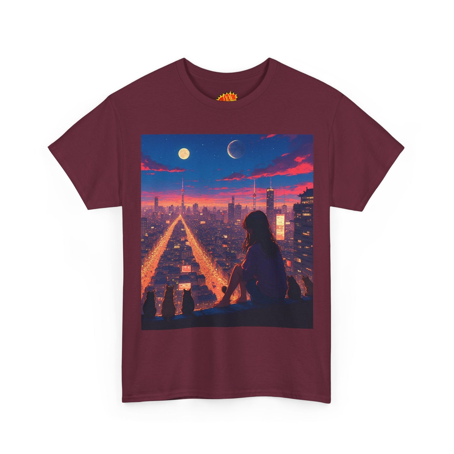 Anime City Twin Moon Scene w/Cats T-Shirt *Multiple Colors*