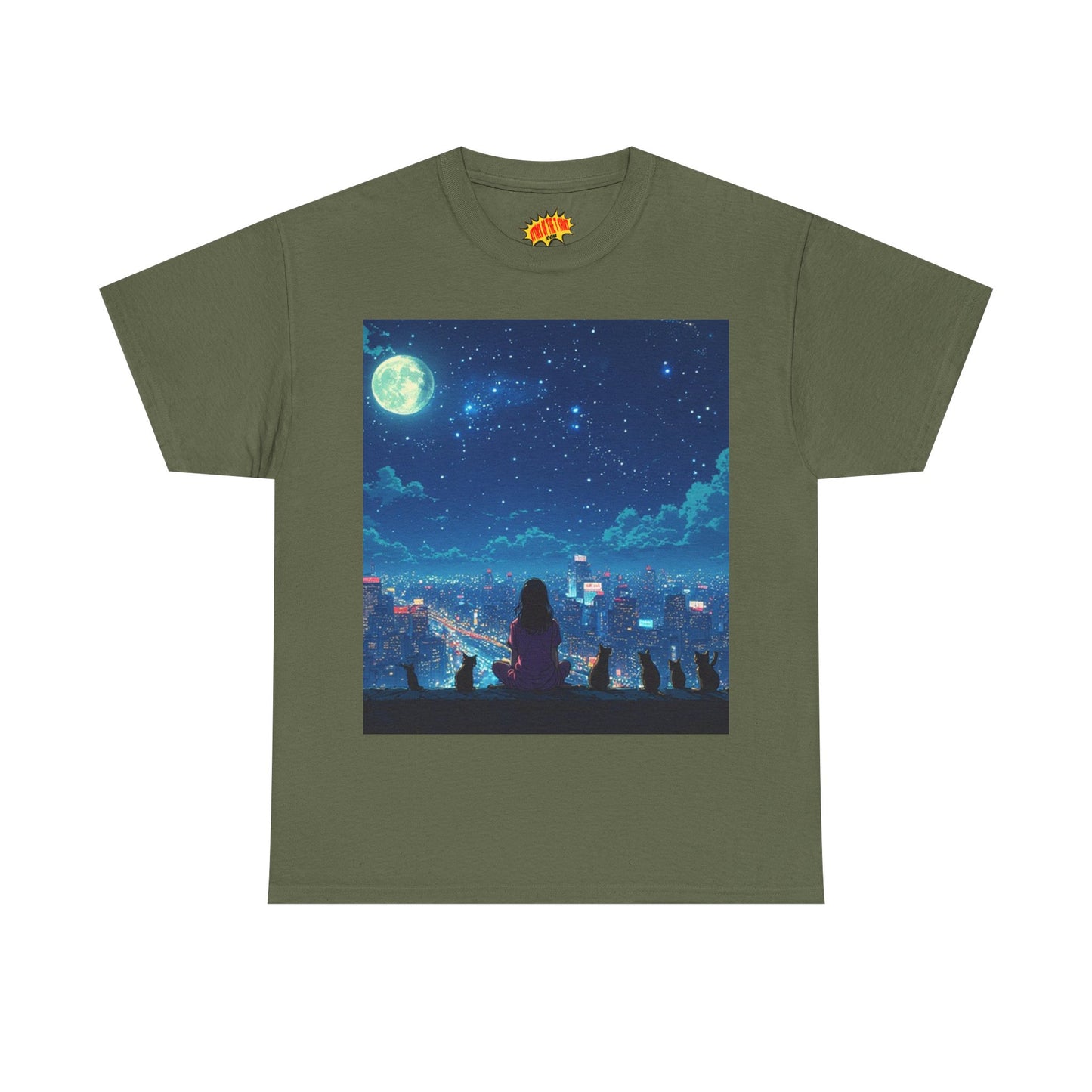 Anime Full Moon City Scene w/Girl & Cats T-Shirt *Multiple Colors*