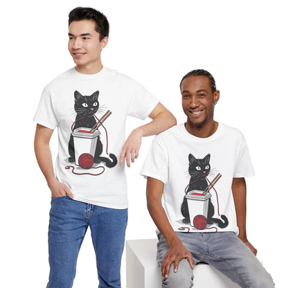 Black Cat w/Noodles + Yarn Ball Art Drawing Tee Shirt