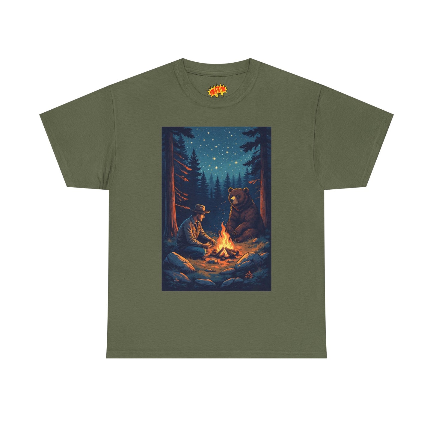 Cowboy w/ Brown Bear Campfire Scene T-Shirt *Multiple Colors*