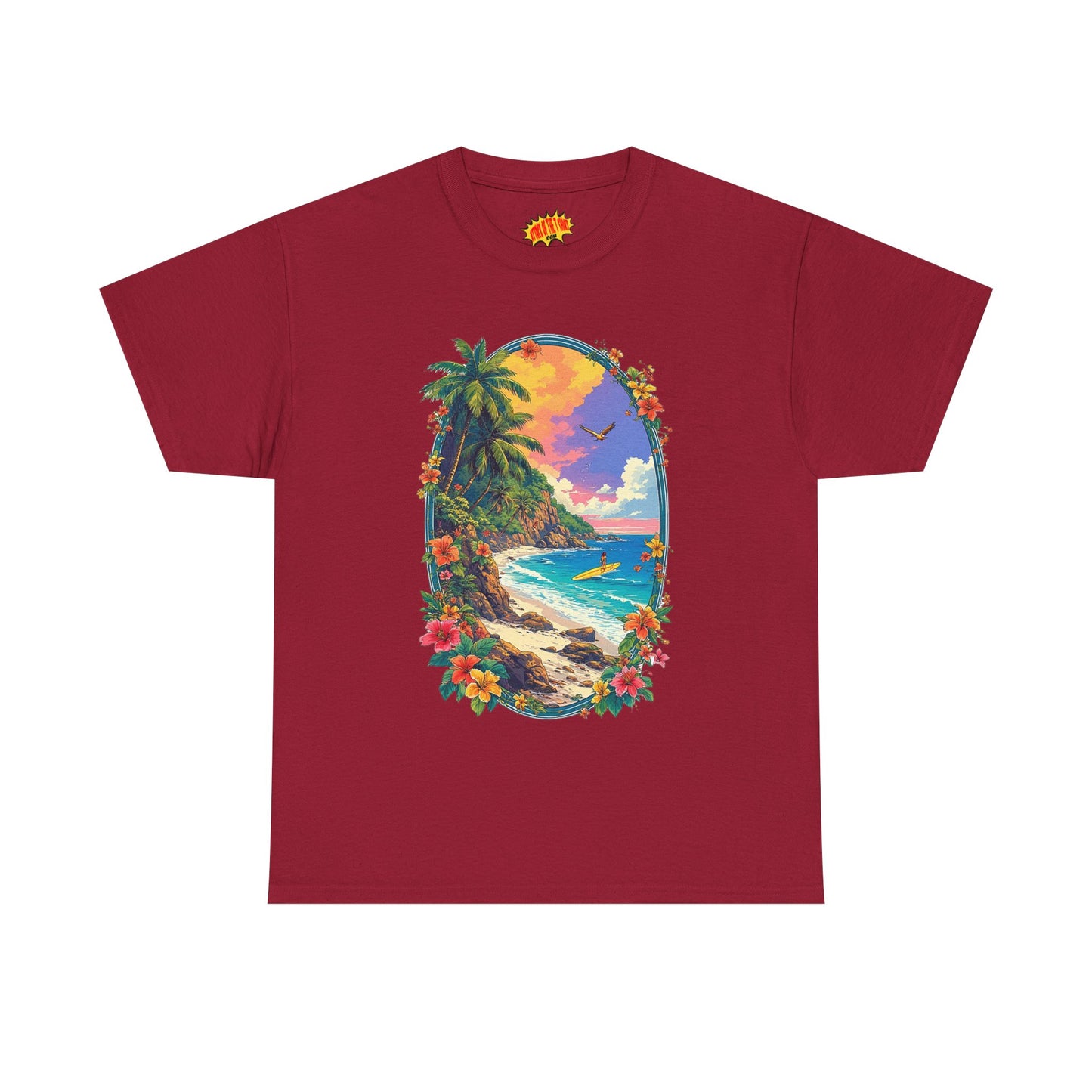 Tropical Beach Scene w/Oval Floral Frame T-Shirt *Multiple Colors*