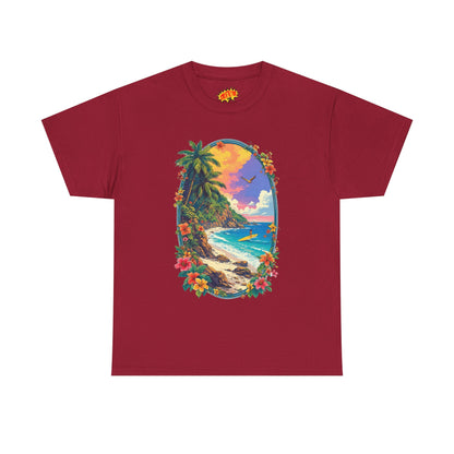 Tropical Beach Scene w/Oval Floral Frame T-Shirt