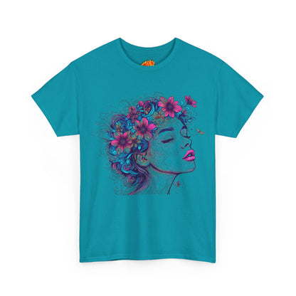 Multicolor Line Drawing Human Flower Graphic Art Tee Shirt