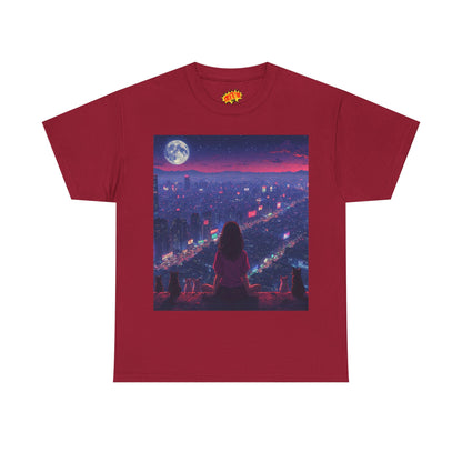 Anime City Neon Night Scene w/Girl & Cats T-Shirt