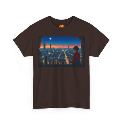 Neon Cityscape Anime Scene w/Girl & Cats T-Shirt