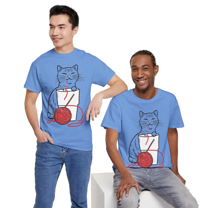 Cat w/Noodle Cup + Yarn Ball Art Drawing Tee Shirt