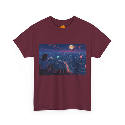 Anime Nighttime Cityscape w/Girl & Cats T-Shirt