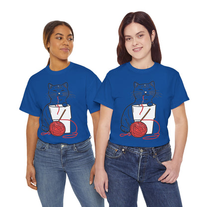 Cat w/Noodle Cup + Yarn Ball Art Drawing Tee Shirt