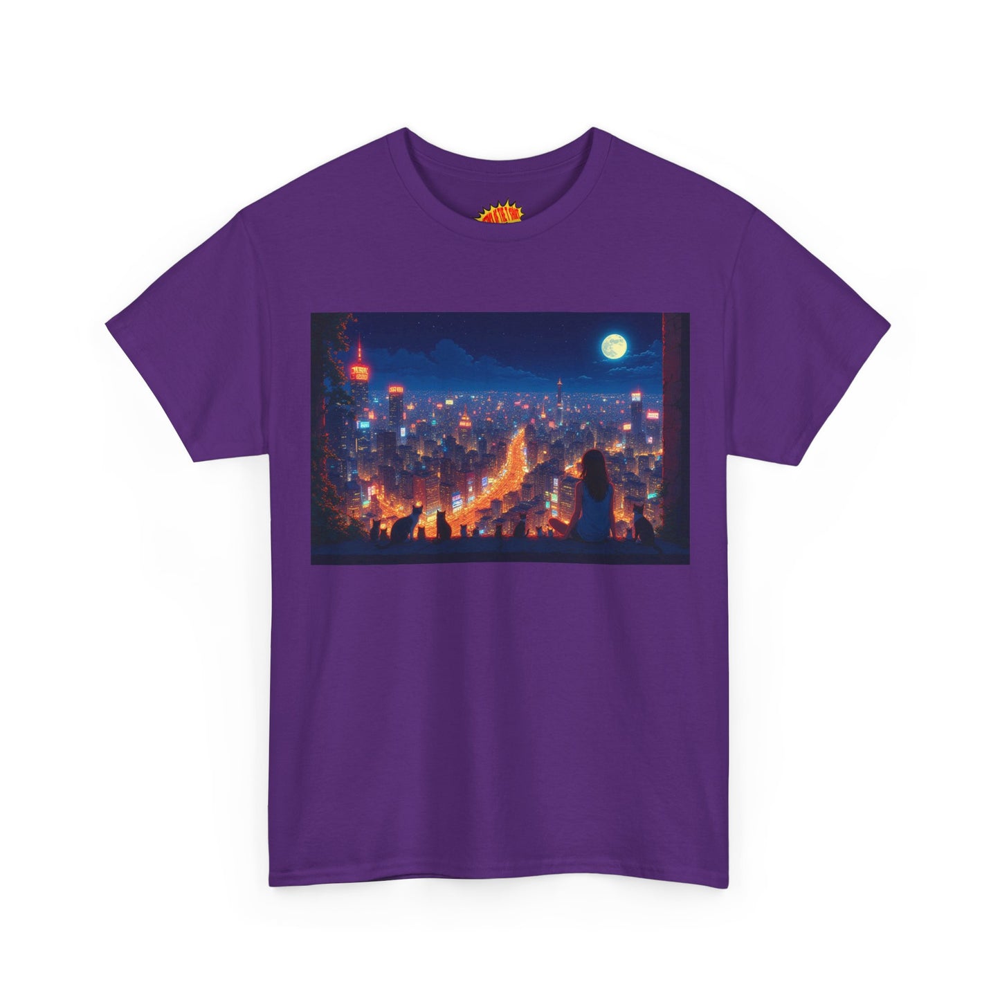 Anime City Night Scene w/Girl & Cats T-Shirt *Multiple Colors*