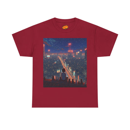 Nighttime Neon Anime City Scene w/Girl & Cats T-Shirt