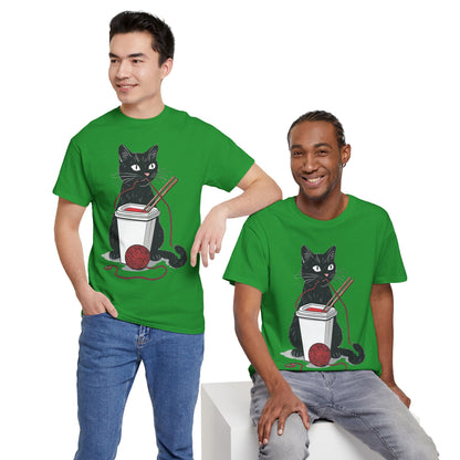 Black Cat w/Noodles + Yarn Ball Art Drawing Tee Shirt