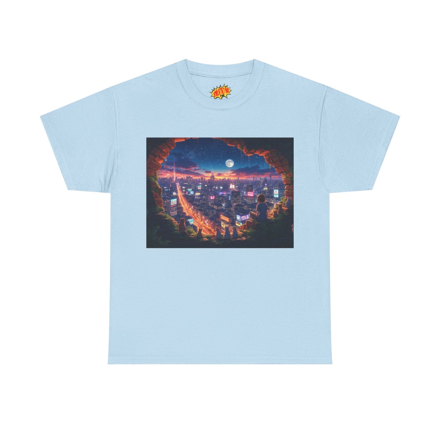 Anime Neon City Nighttime Scene w/Girl & Cats T-Shirt *Multiple Colors*