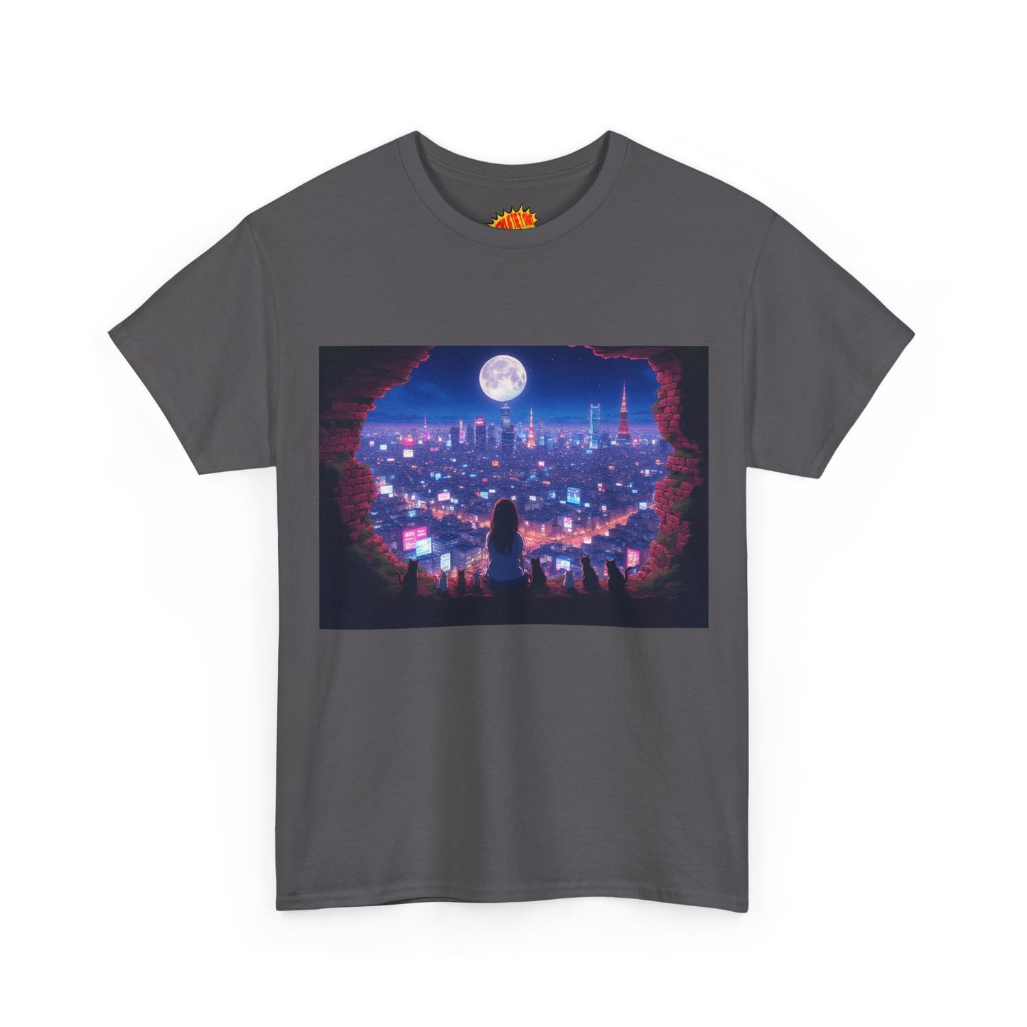 Neon Anime City Night Scene w/Girl & Cats T-Shirt *Multiple Colors*