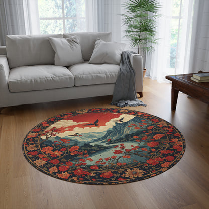 Oriental Style w/Birds + Flowers Rug - 60in Diameter Round Carpet 2
