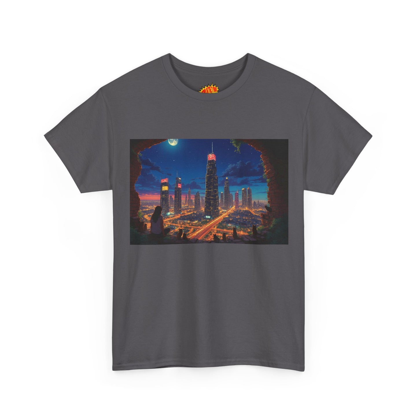 Anime Cityscape Night Scene w/Girl & Cats T-Shirt *Multiple Colors*