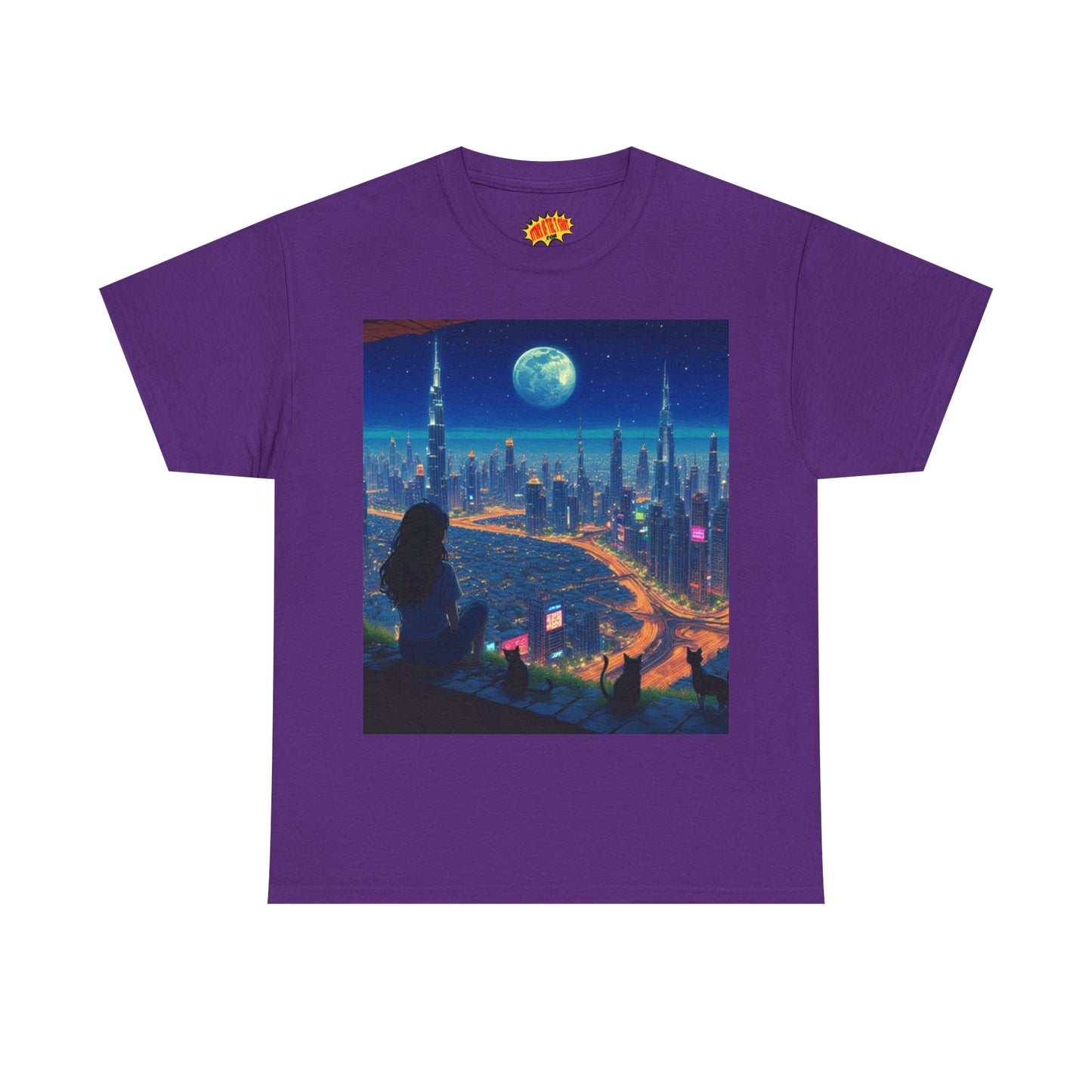 Anime City Full Moon Scene w/Girl & Cats T-Shirt *Multiple Colors*