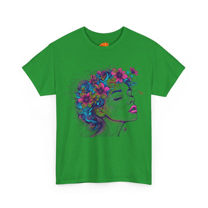 Multicolor Line Drawing Human Flower Graphic Art Tee Shirt