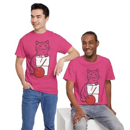 Cat w/Noodle Cup + Yarn Ball Art Drawing Tee Shirt