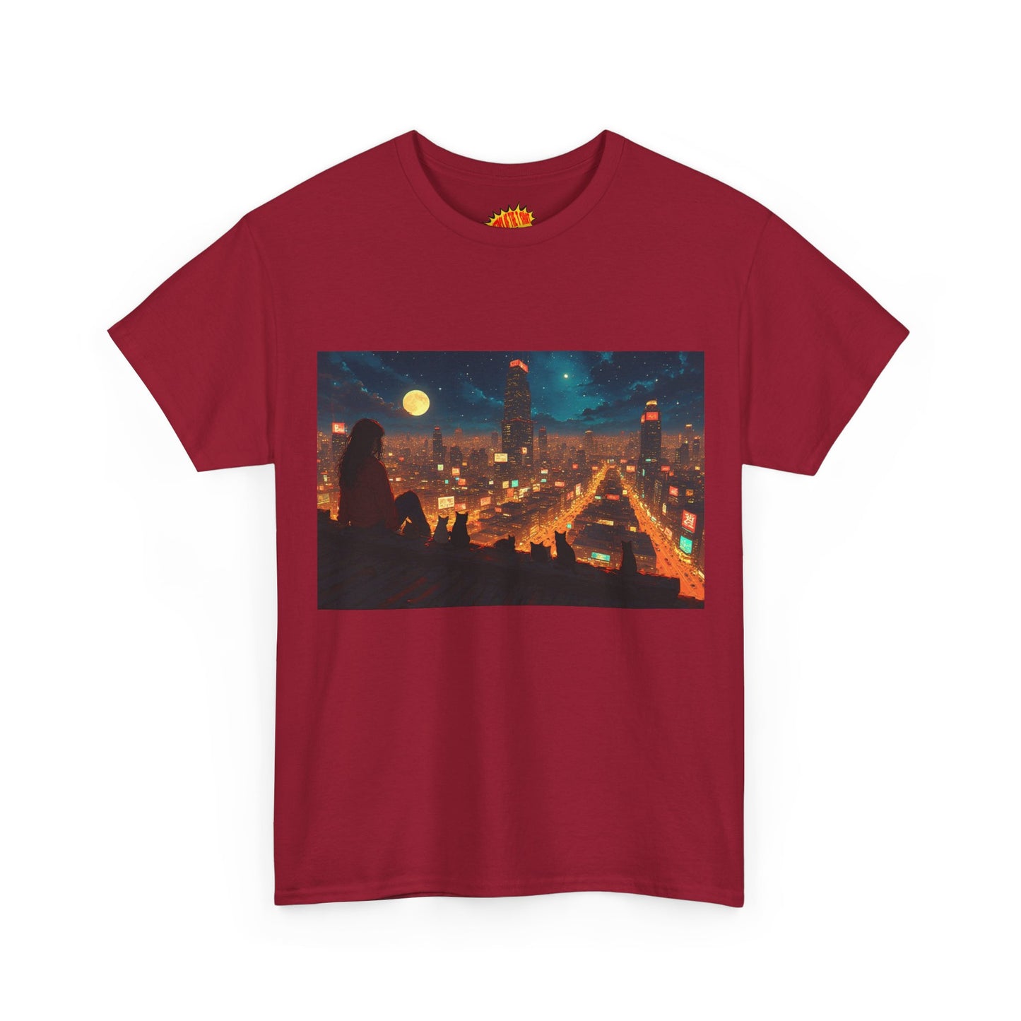 Anime Style Neon City Scene w/Girl & Cats T-Shirt *Multiple Colors*